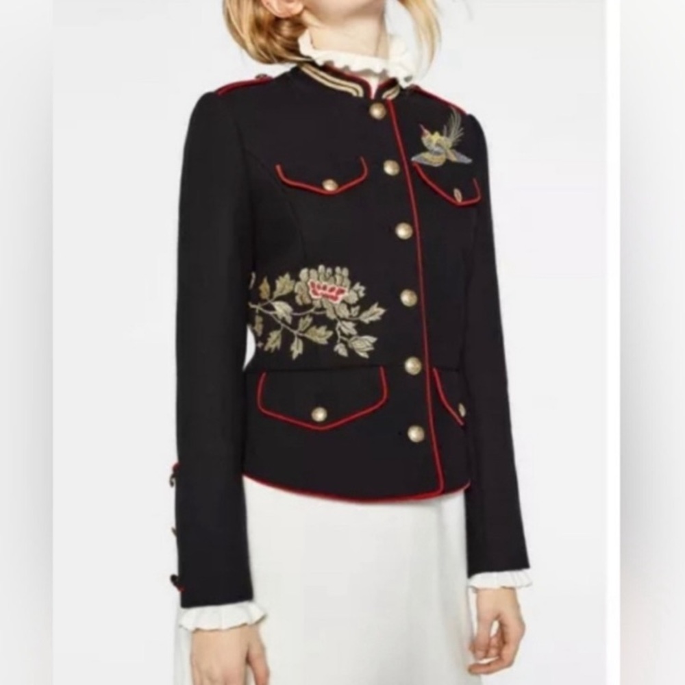 ZARA Black Embroidered Floral Bird Asian Print Military Jacket - Picture 9 of 16